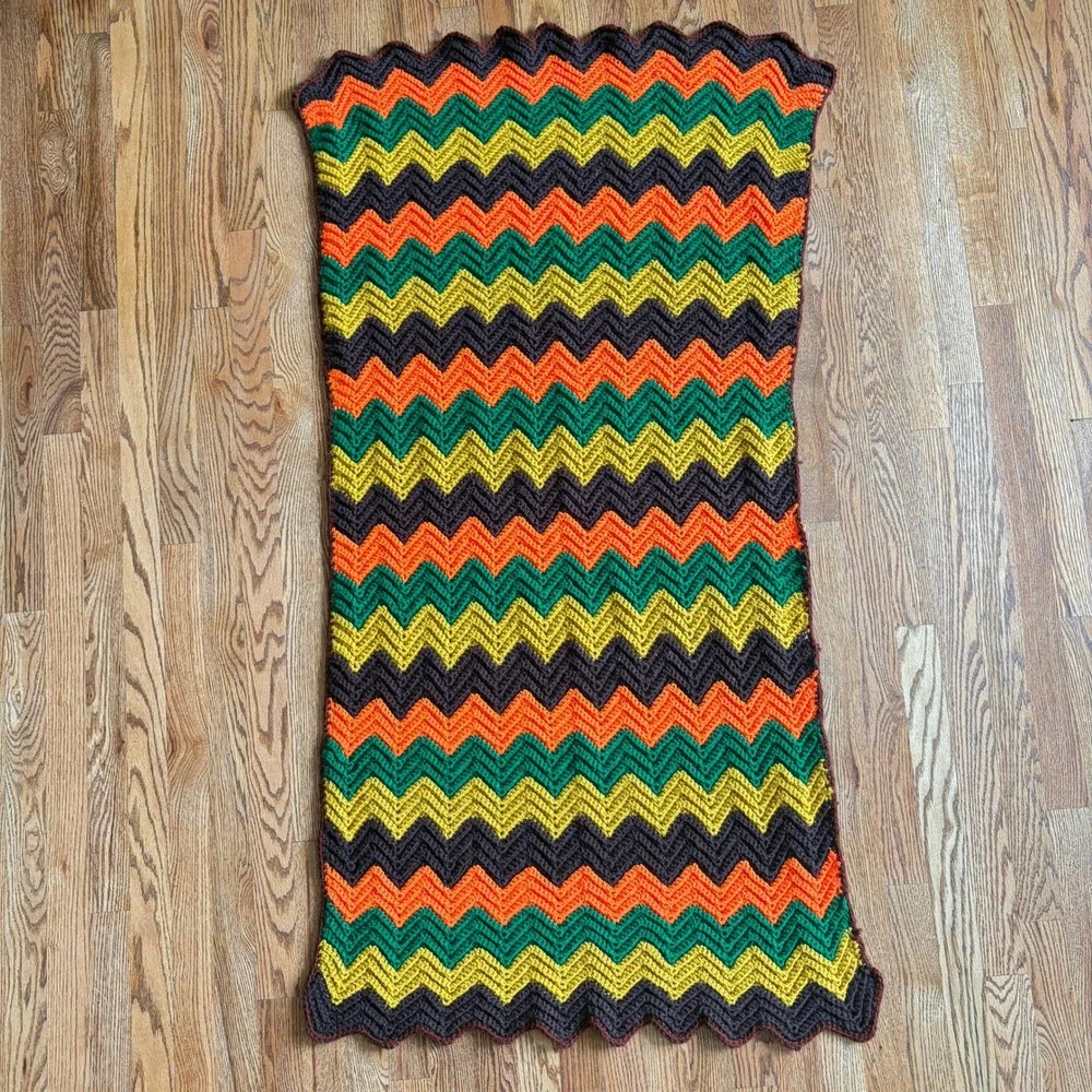 Vintage Handmade Crochet Chevron Ripple Afghan Blanket Orange Yellow Green Brown
